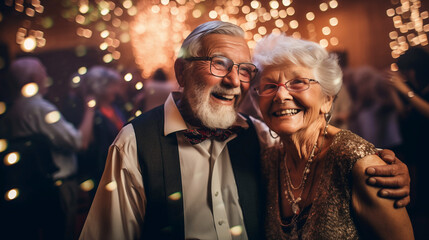 Obraz premium A elderly couple having fun in a night club disco.