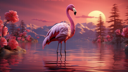 Pink flamingo and palm tree on pink summer background 3D Rendering, 3D Illustration - obrazy, fototapety, plakaty