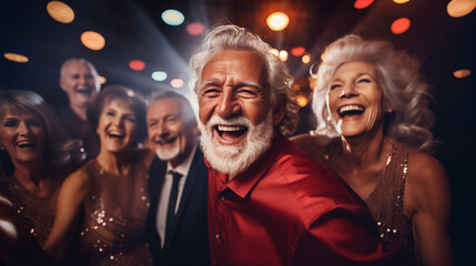 A group of elegant elderly people having fun dancing in a night-club. - obrazy, fototapety, plakaty