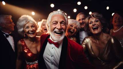 A group of elegant elderly people having fun dancing in a night-club.