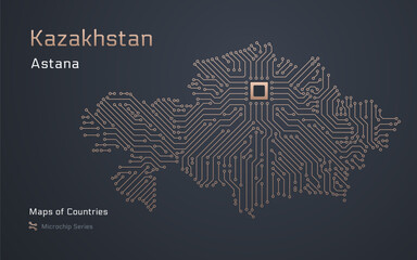 Kazakhstan, Qazaqstan Map with a capital of Astana Shown in a Microchip Pattern. E-government. World Countries vector maps. Microchip Series	