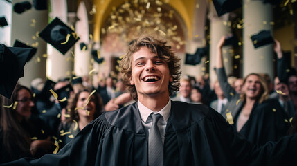 Obraz premium A young man celebrates the University degree with a group of friends.