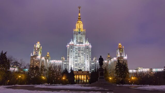 Winter Day to Night Transition Timelapse: The Iconic Main Building of Moscow State University on Sparrow Hills Overlooking the City. Majestic Landmark in Moscow, Russia