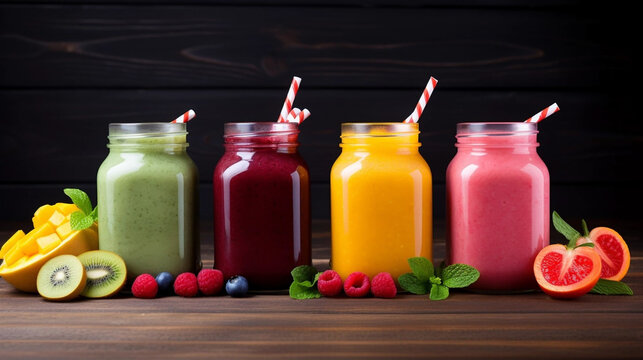 copy space, stockphoto, Set of fruit smoothies, healthy fruit smoothies. Antioxidant. Healthy lifestyle theme. Group of different smoothies in a row. Healthy food or drink concept. Alcohol free drinks