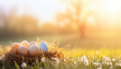 Eggs in pastel colors at sunset on a field, easter concept