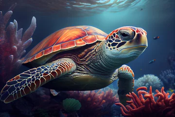 Schilderijen op glas Sea Turtle Under Water Natural Sea Life With Corals (1) © fiverr