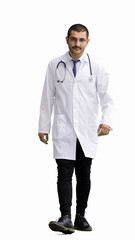 a male doctor in a white coat walks on a white background