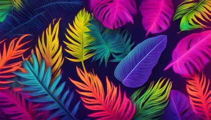 Creative fluorescent color layout of tropical leaves. Neon colors lay flat. The concept of nature.