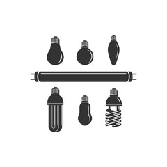 Set of Vintage Retro Electric Lamps, Tungsten, Edison, Fluorescent and Led Lamp Icon Illustration