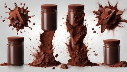 Cocoa powder with chocolate pieces and curls explosion on black backgrounds - obrazy, fototapety, plakaty