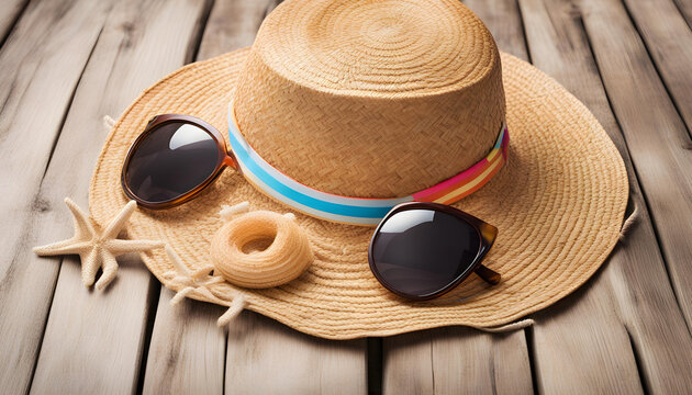 Straw hat,sunglasses and beach slippers on wood