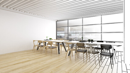 dining area in office are decorated in modern style.a combination of line drawings and color.,3d rendering