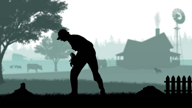 Portrait of gardener on animated graphic background with farm house and trees, isolated alpha channel. Silhouette of man farmer hunting a mouse with shovel.