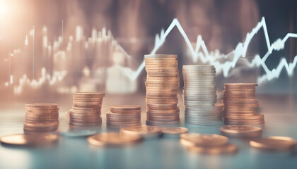 Double exposure of graph and rows of coins in soft color for finance and business concept - obrazy, fototapety, plakaty