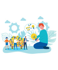 Flat Art Working Icons Of Company People Discussing An Idea