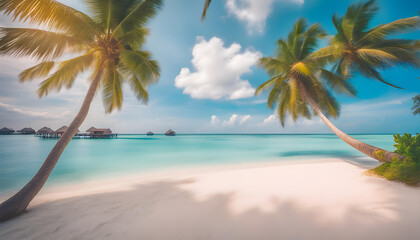 Beautiful tropical Maldives island with beach , sea , and coconut palm tree