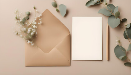 Invitation or greeting card mockup with craft paper envelope, eucalyptus and gypsophila twigs.