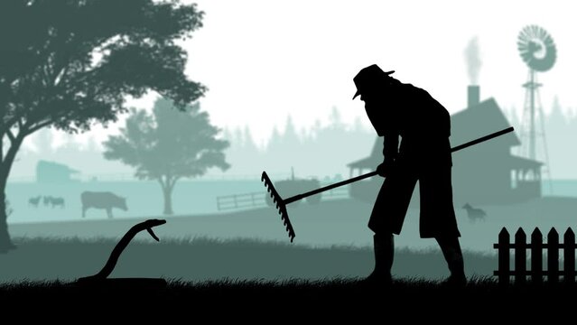 Portrait of gardener on animated graphic background with farm house and trees, isolated alpha channel. Silhouette of woman farmer hunting a snake with rake.