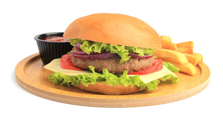 Tasty burger served with french fries and ketchup isolated on white