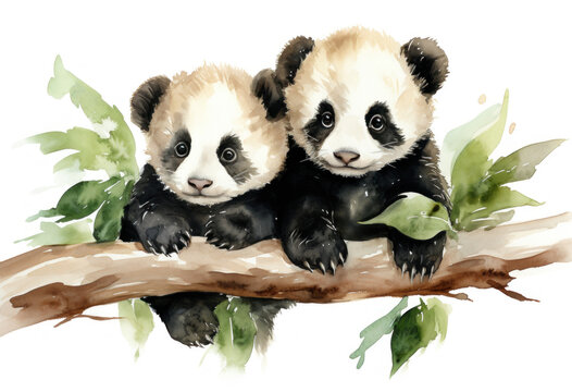 Two cute little pandas on a tree, watercolor painting