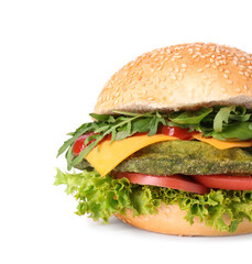Tasty vegetarian burger with spinach cutlet, cheese and vegetables isolated on white
