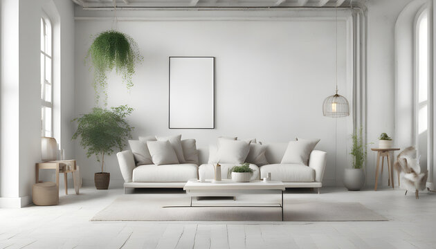 Mockup white wall in loft style house with sofa and accessories in the room.3d rendering