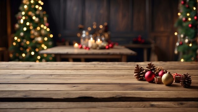 Empty space wood table with Christmas tree decoration with lights blurred background