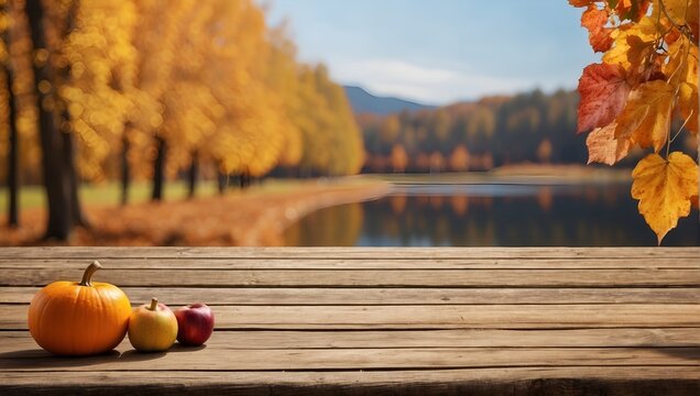 Free space table background and autumn landscape. Empty wooden table top on blurred autumn background.