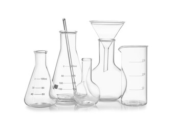 Different empty laboratory glassware isolated on white