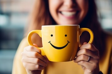 Cheerful Woman Enjoying Morning Beverage with a Smiley Face Mug