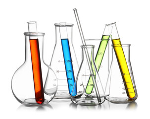 Glass flasks, beaker and test tubes with colorful liquids isolated on white