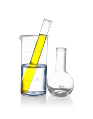Glass flask, beaker and test tube with liquids isolated on white