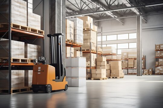 Efficient Warehouse Operations with Orange Forklift and Stacked Boxes