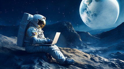 An astronaut sits on the surface of the moon and uses his laptop against the backdrop of a space landscape with planets and stars with copy space.