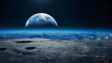 Banner View from the surface of the Moon to the blue planet earth. Copy space. Lunar landscape. craters on the surface of the moon and a view of the earth