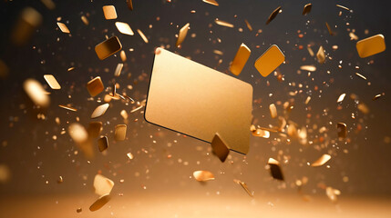 blank golden credit card and gold bars flying on a festive background with golden bokeh and shiny confetti. Banking, credit and bonuses, winning money. Copy space mockup. 3D rendering