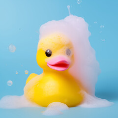 yellow toy rubber duck in bath with foam