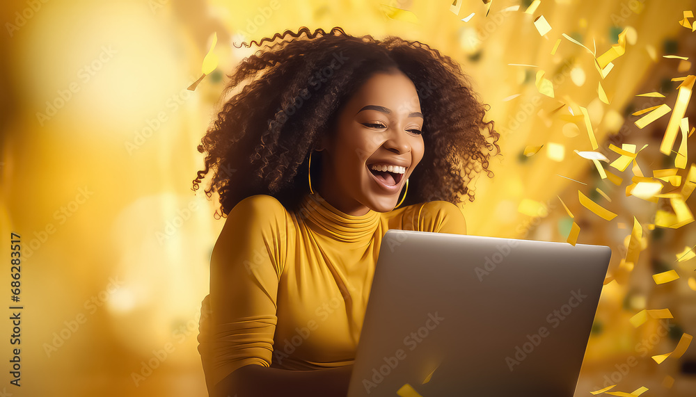 Wall mural african american woman in yellow blouse rejoices in front of laptop , business concept