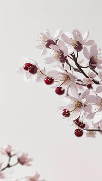 Blooming cherry branches with berries, delicate spring texture splash. Pink sakura tree petals with berries