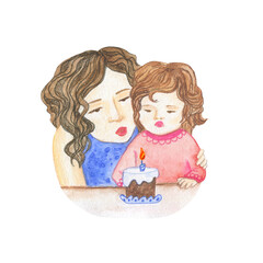 Watercolor illustration mom and child blowing out candle on cake. Daughter and mom