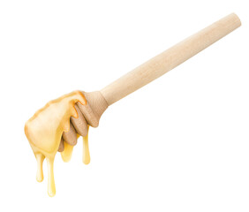 wooden honey dipper with dripping honey, isolated on white background