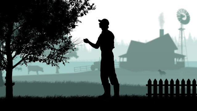 Portrait of gardener on animated graphic background with farm house and trees, isolated alpha channel. Silhouette of man farmer picking apple from a tree.