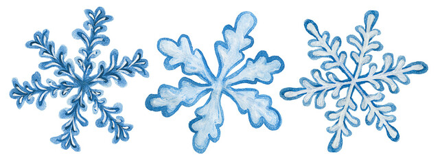 three watercolor snowflakes on isolated white background