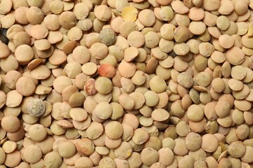 Many raw lentils as background, top view