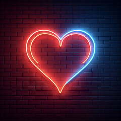 A neon light in the shape of a heart on unplastered brick walls with red and blue neon background lighting effect