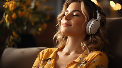 Quiet young woman wearing headphones listening to music with eyes closed, leaning back on a comfortable sofa at home. be a calmly conscious Attractive woman enjoying her favorite songs. Generate AI  - obrazy, fototapety, plakaty