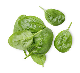 heap of spinach leaves, top view. isolated on white background