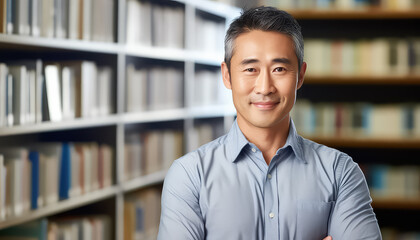 Asian librarian on bookshelves background