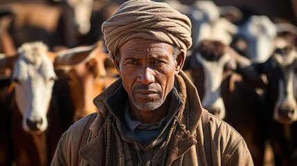 Portrait of a villager herding cows in the desert. Nomadic people of Africa - obrazy, fototapety, plakaty