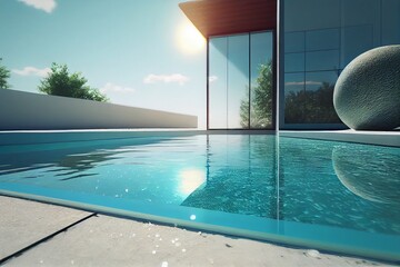 Close-up of the edge poolside of a private pool in the backyard of a modern luxurious home. Mockup for presenting products and items. - obrazy, fototapety, plakaty